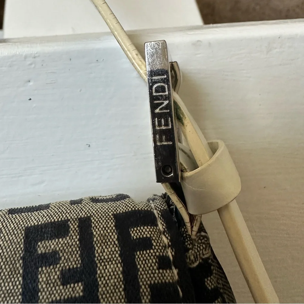 FENDI Zucchino Mamma Baguette Shoulder Handbag Canvas & White Leather - Picture 6 of 11